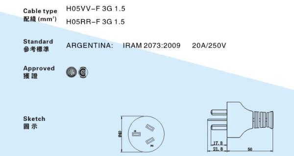 阿根廷IRAM 2073 重型20A插头