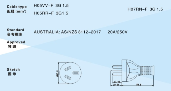 澳大利亚20A重型三芯插头电源线