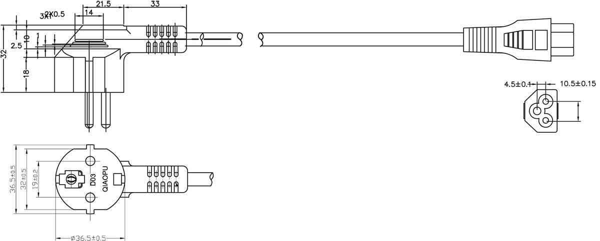 CEE7/7 SCHUKO插头配IEC 60320 C5电源线